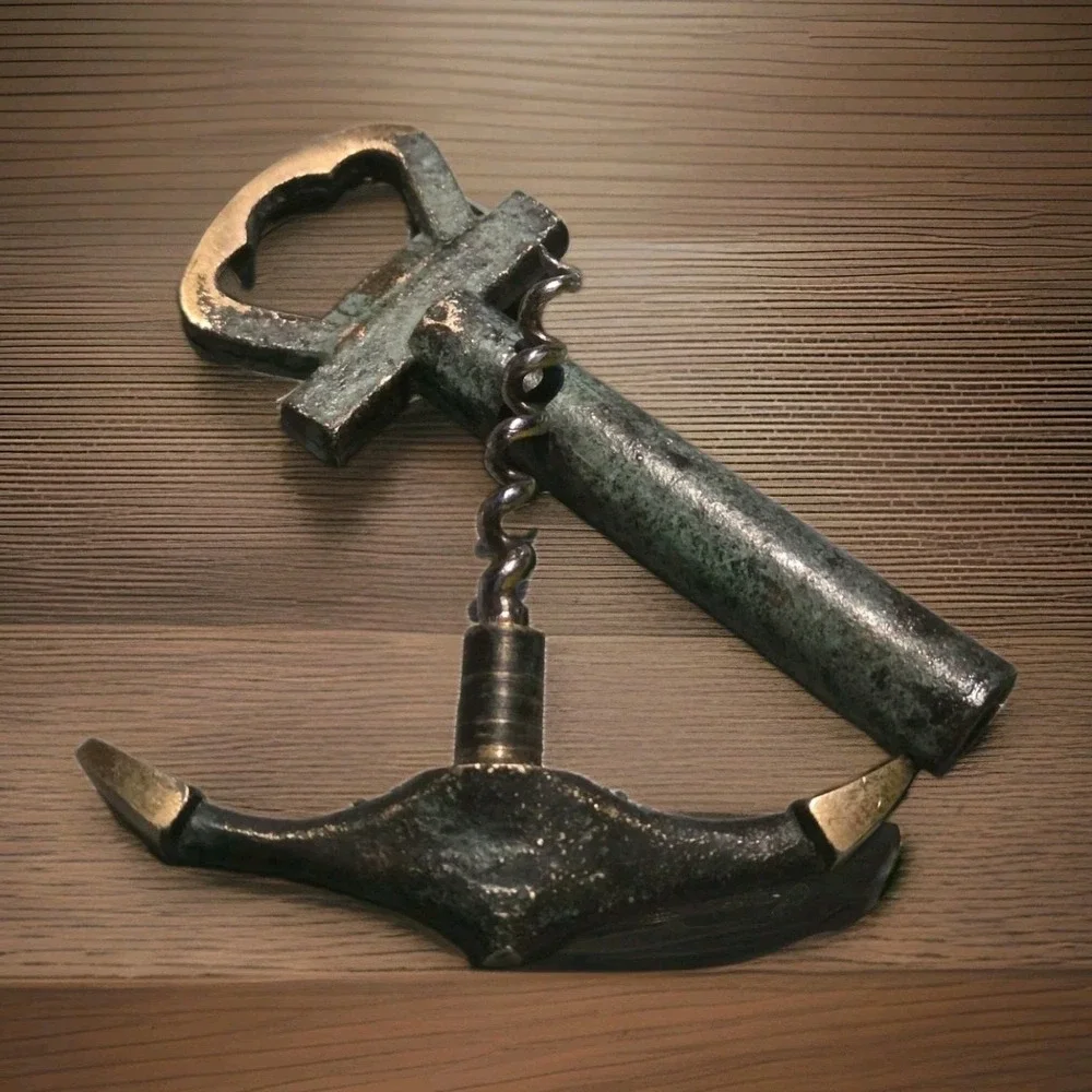 Vintage Brass Anchor Shaped Wine Key & Bottle Opener Green Patina Finish 5.5